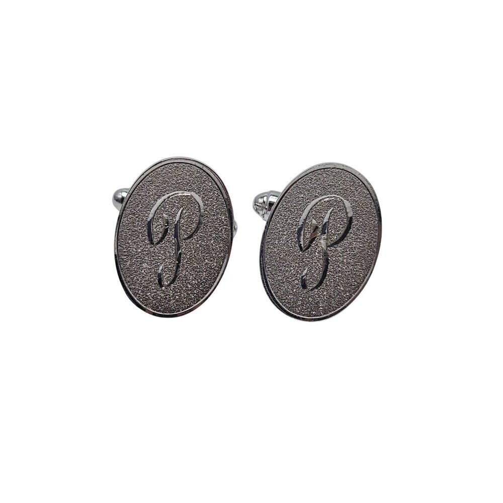 Silver Monogrammed P Oval Cufflinks Vintage Mid Century